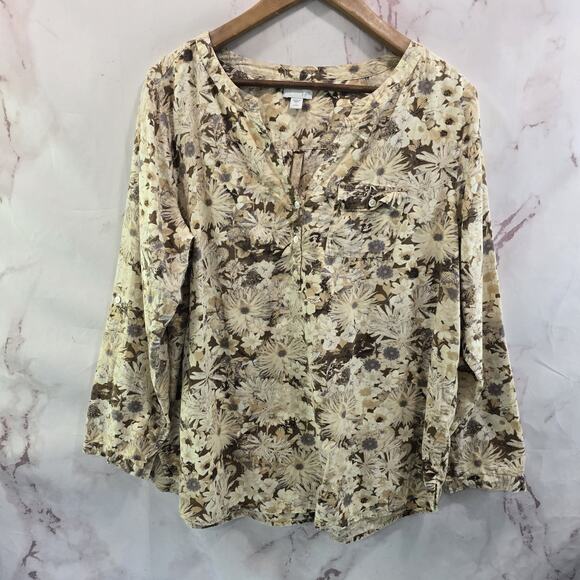 J Jill Shirt Womens Large P Petite Yellow Beige Floral Button Up Popover Notch - Picture 1 of 10